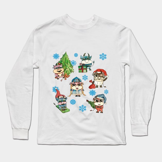 Christmas funny colored bull Long Sleeve T-Shirt by Sereniya